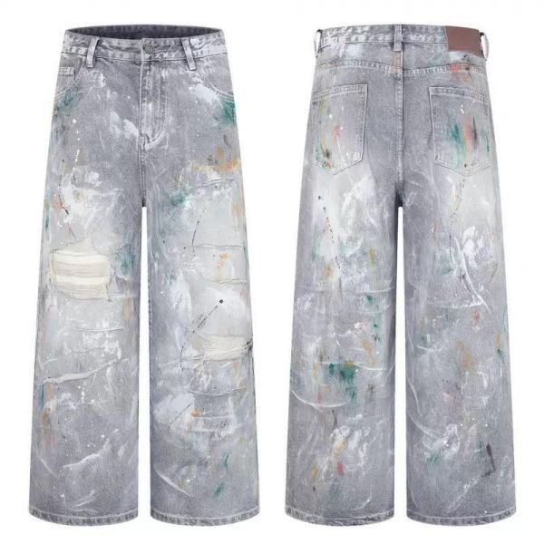 噴漆刷破直筒牛仔褲 