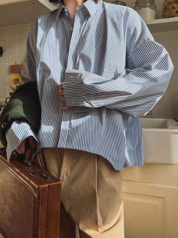 韓國寬短條紋襯衫 
