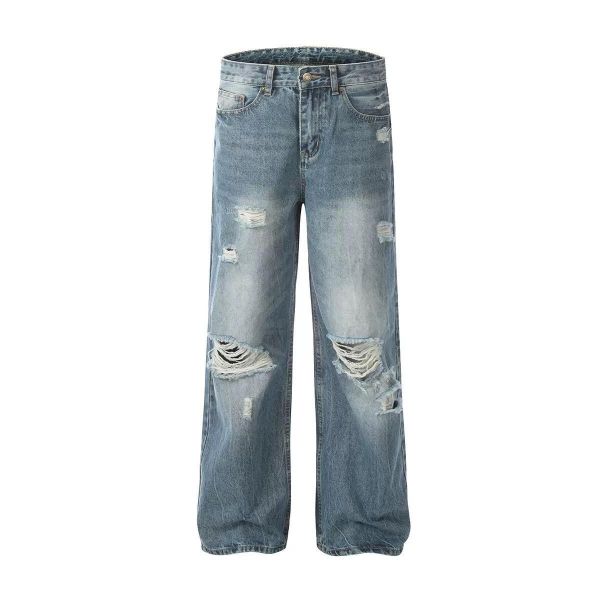 刷白破壞直筒牛仔褲 