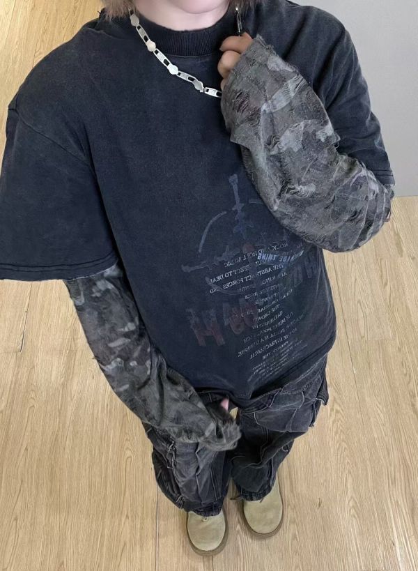 美式破損假兩件洗水長T 