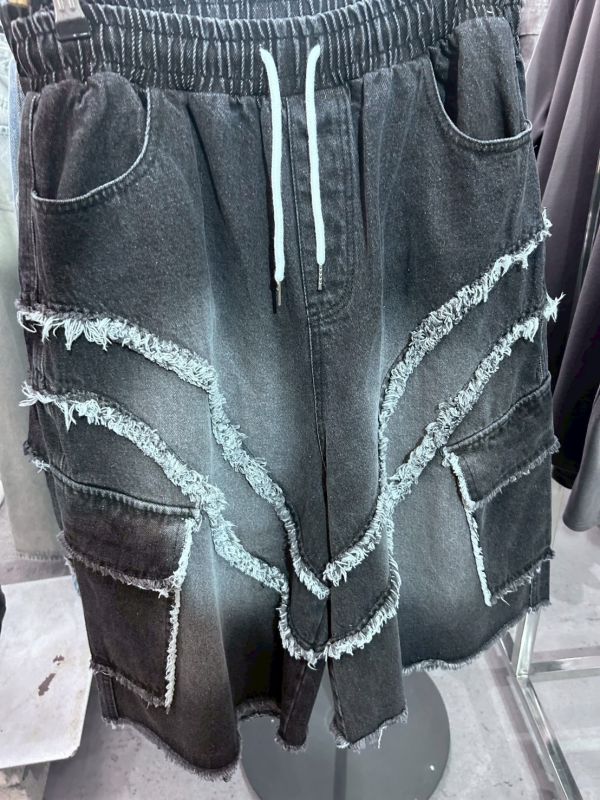 韓國斜切抽鬚7分褲 