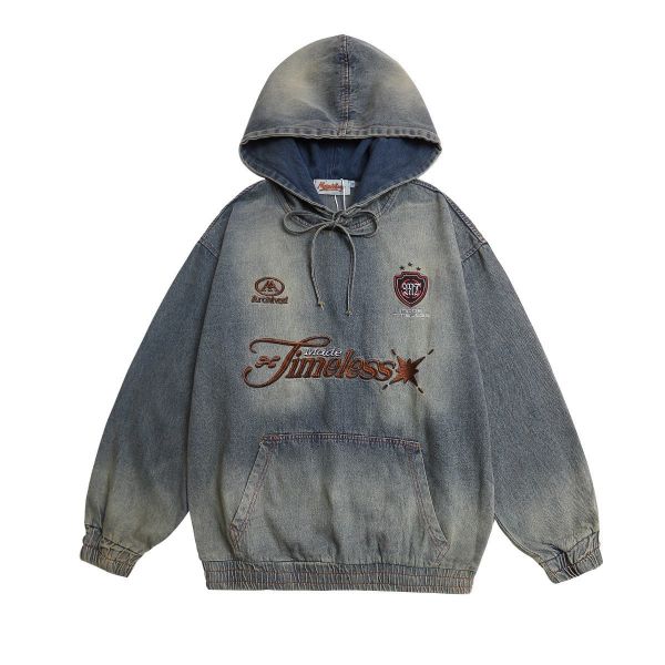 廢土刺繡牛仔抽繩帽T 