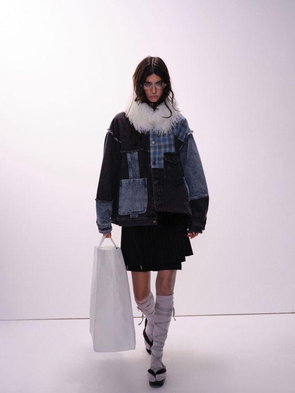 韓國拼接牛仔襯衫 