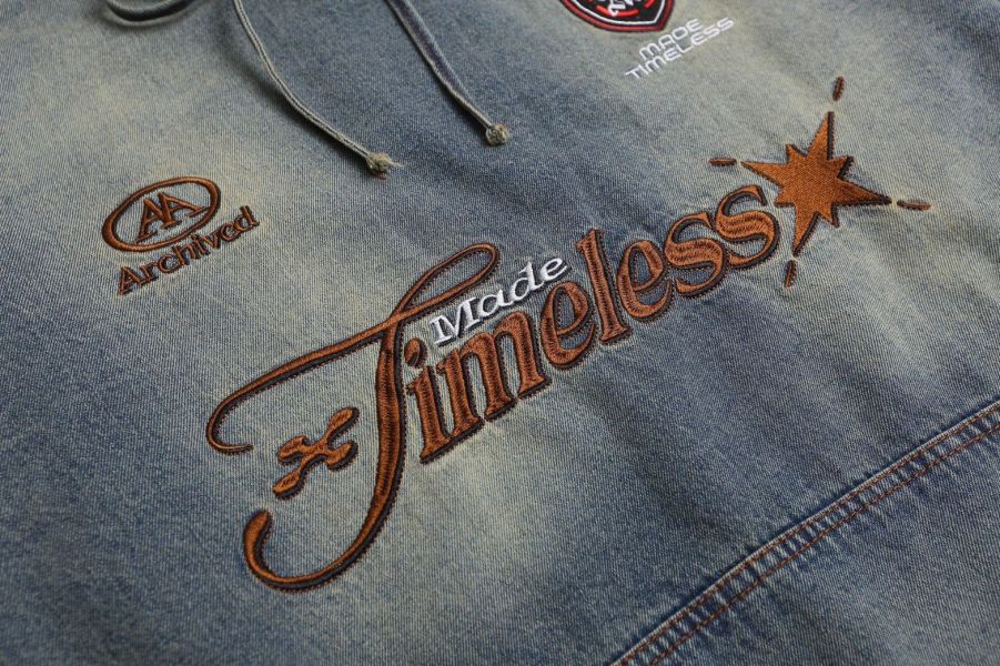 廢土刺繡牛仔抽繩帽T 