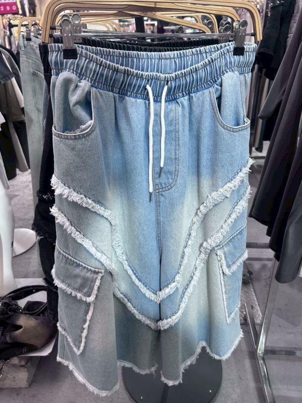 韓國斜切抽鬚7分褲 