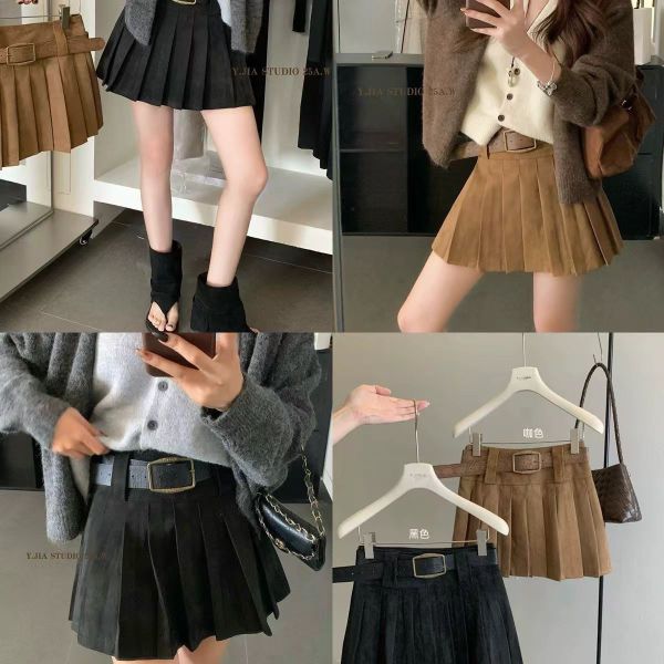 雕花皮帶鹿皮百褶裙 