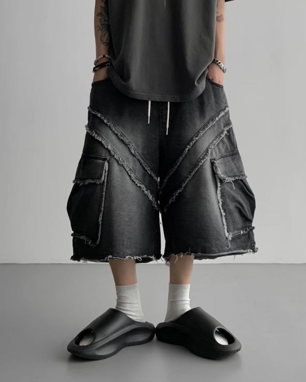 韓國斜切抽鬚7分褲 