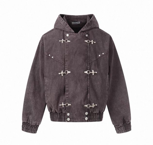 重工飛機扣連帽牛仔外套 