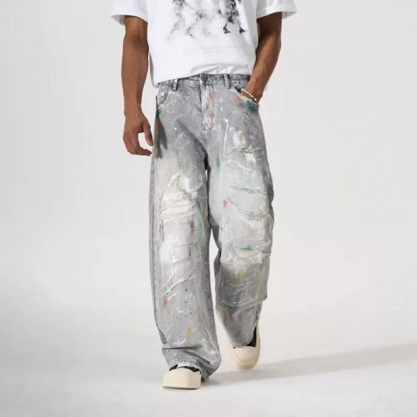 噴漆刷破直筒牛仔褲 
