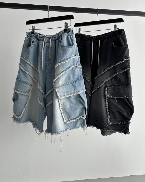 韓國斜切抽鬚7分褲 