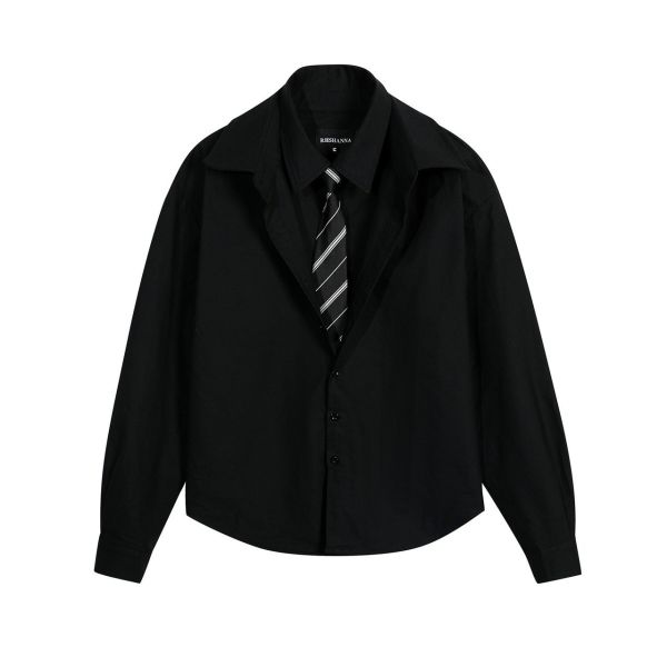 雙層假領帶翻領襯衫 