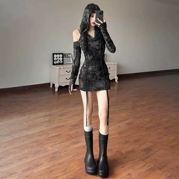 洗舊復古露肩連身裙 