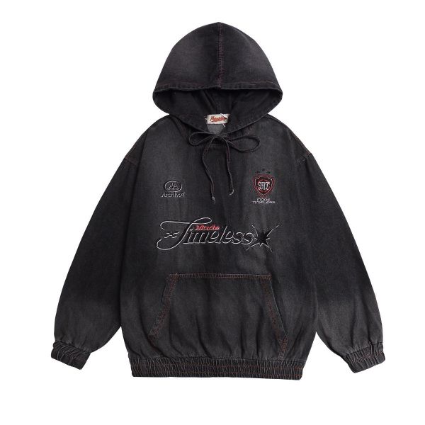 廢土刺繡牛仔抽繩帽T 