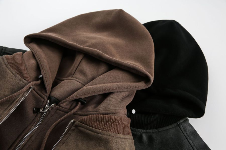 美式復古CLEAN FIT連帽皮外套 