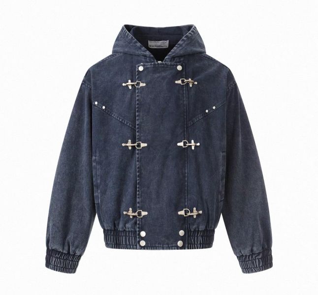 重工飛機扣連帽牛仔外套 