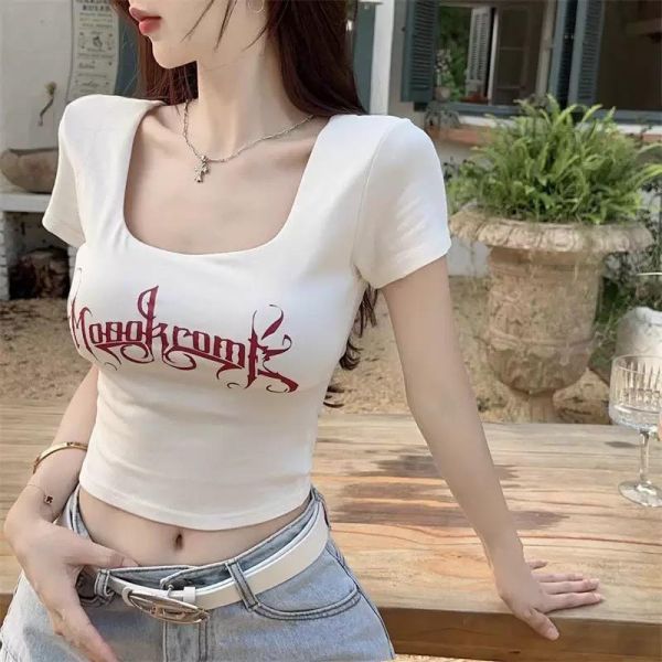 美式正肩字母U領短T 