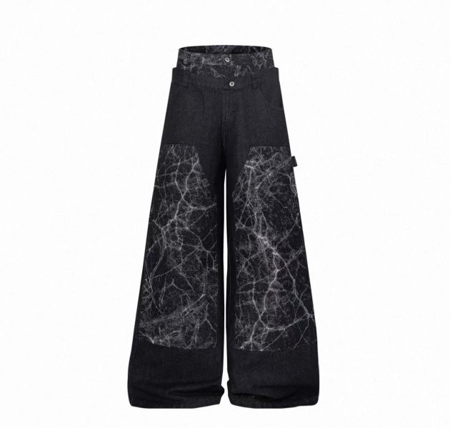 雙層蛛網牛仔闊腿褲 