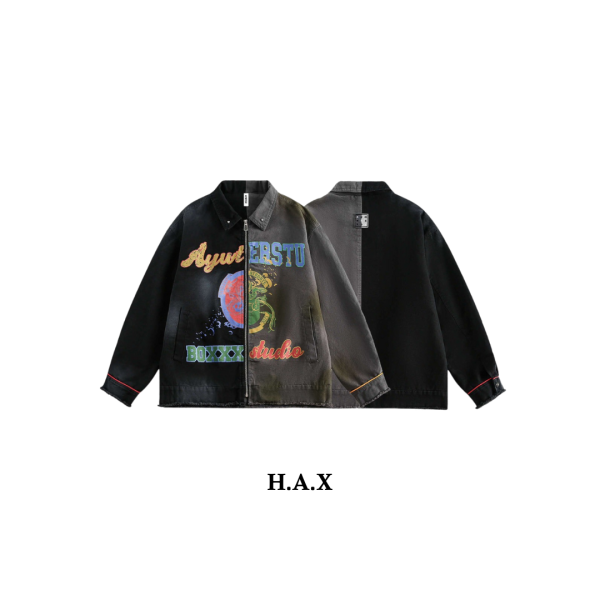 歐美塗鴉撞色拼接外套 