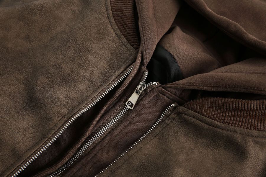 美式復古CLEAN FIT連帽皮外套 