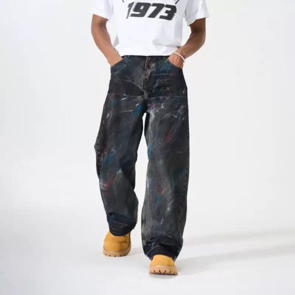復古渲染潑墨牛仔直筒褲 