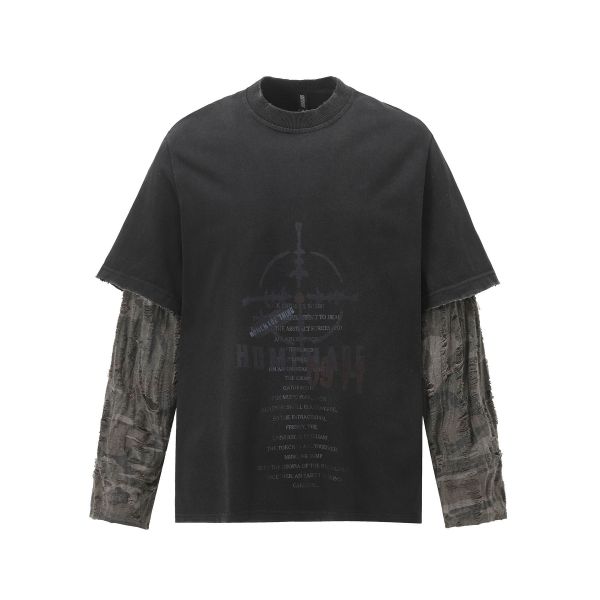 美式破損假兩件洗水長T 