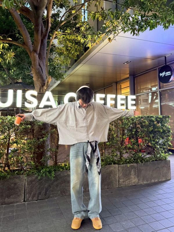 韓國寬短條紋襯衫 