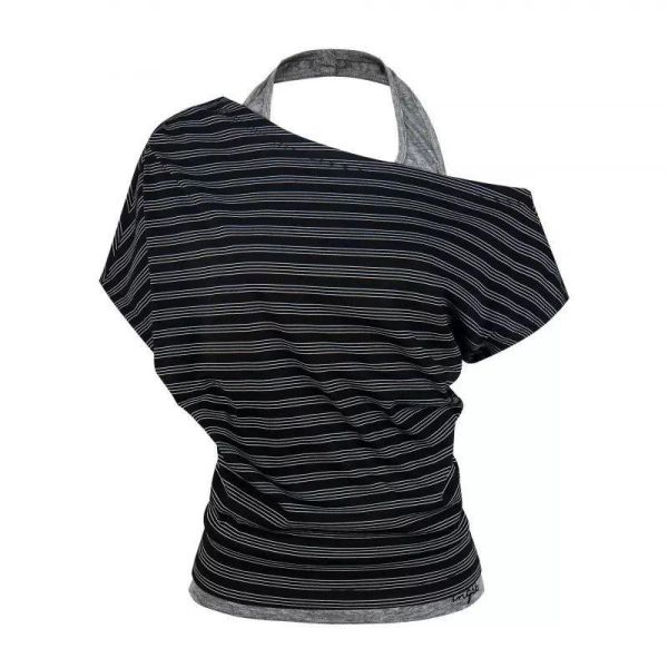 斜肩繞博條紋辣妹短T 