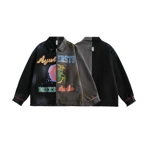 歐美塗鴉撞色拼接外套 