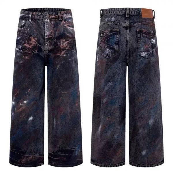 復古渲染潑墨牛仔直筒褲 