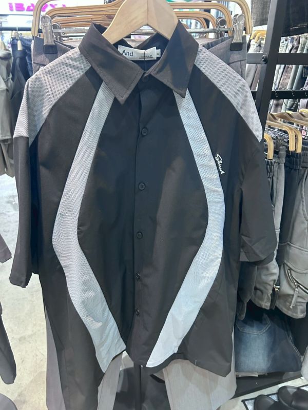 韓國拼接網眼襯衫 