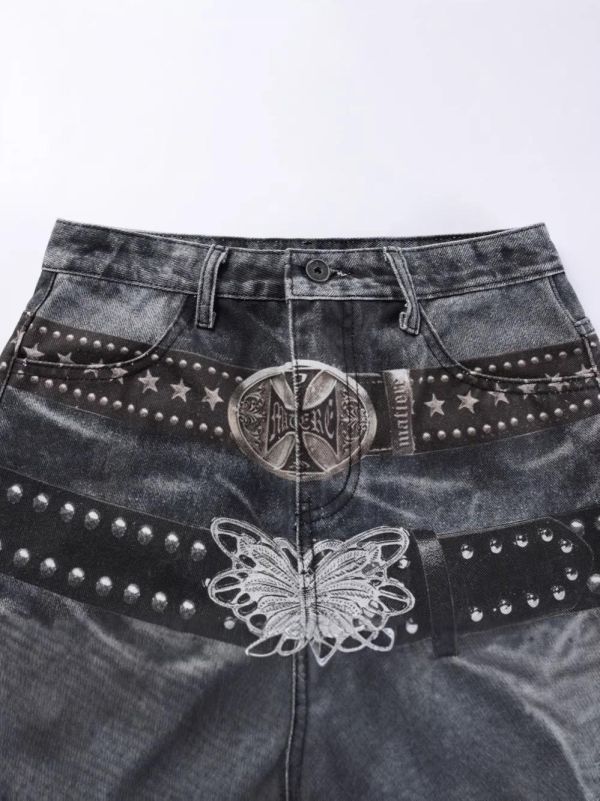 美式腰帶塗鴉彎刀褲 