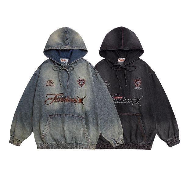 廢土刺繡牛仔抽繩帽T 