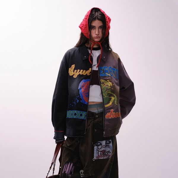 歐美塗鴉撞色拼接外套 