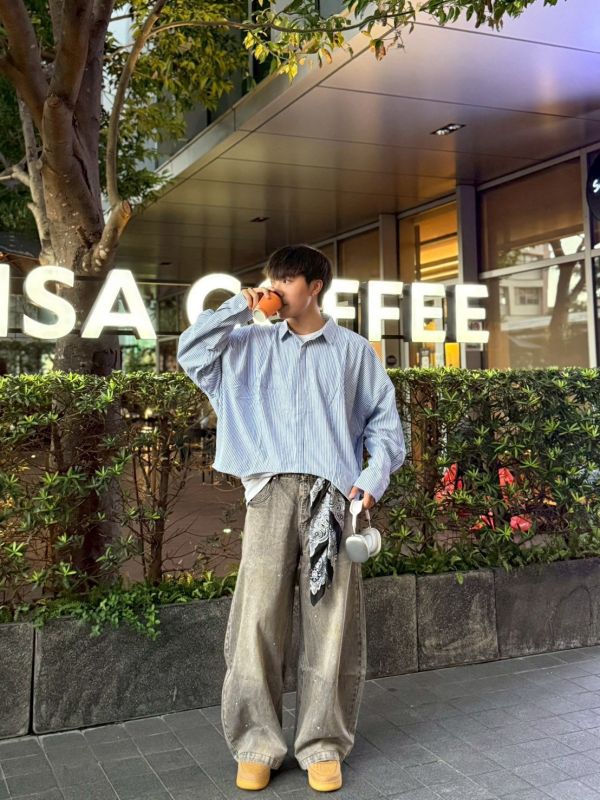 韓國寬短條紋襯衫 