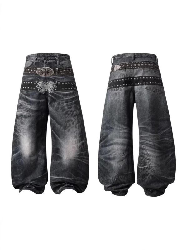 美式腰帶塗鴉彎刀褲 