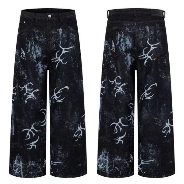 藤蔓噴漆直筒牛仔褲 