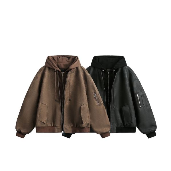 美式復古CLEAN FIT連帽皮外套 