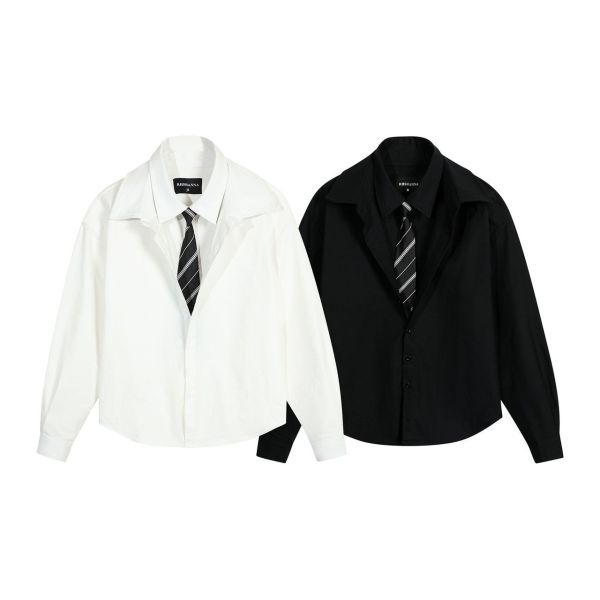 雙層假領帶翻領襯衫 