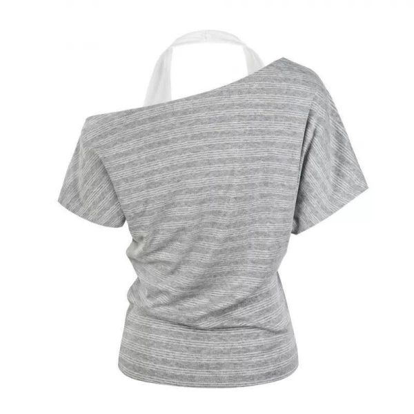 斜肩繞博條紋辣妹短T 