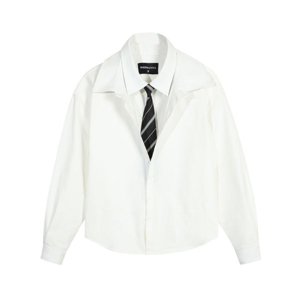 雙層假領帶翻領襯衫 