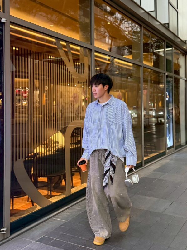 韓國寬短條紋襯衫 