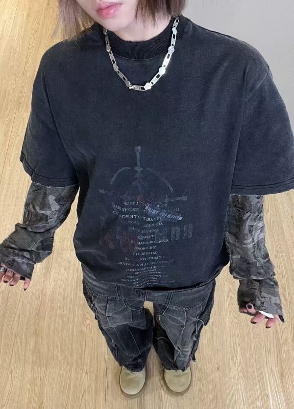 美式破損假兩件洗水長T 