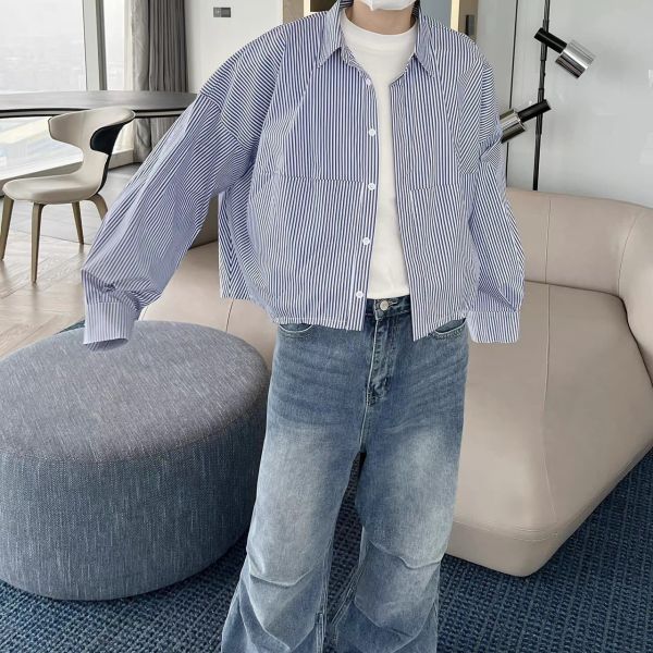 韓國寬短條紋襯衫 