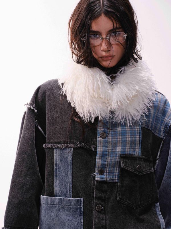 韓國拼接牛仔襯衫 