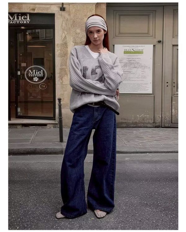 美式復古V領坑條毛衣 