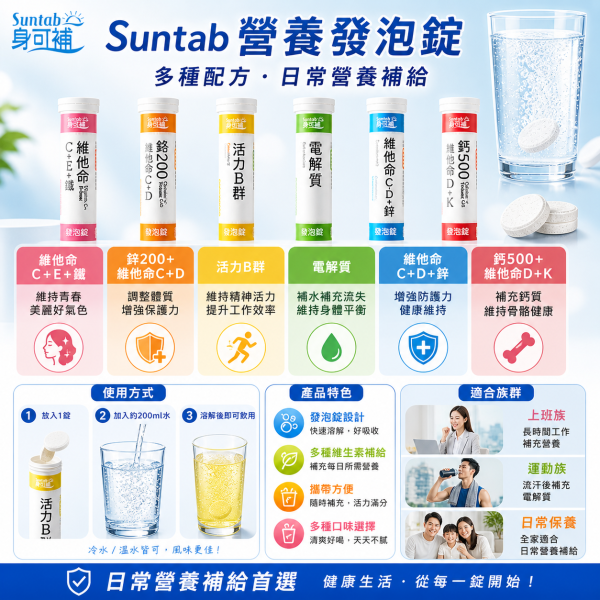 Suntab 身補可發泡錠 20錠 維他命C B群 電解質 鋅200+ 芭樂綠 蘋果藍 蜜桃粉 檸檬橘 Suntab發泡錠,身補可發泡錠,維他命C發泡錠,B群發泡錠,電解質發泡錠,鋅發泡錠,營養補給