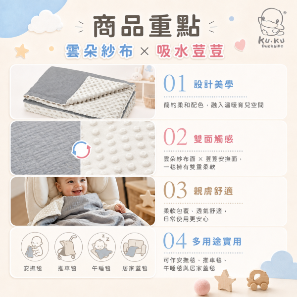 KUKU PLUS 酷咕鴨 雲朵荳荳毯 130×80cm｜嬰兒安撫毯／寶寶蓋毯／幼兒園午睡毯｜暖調杏／自然粉／山系灰 酷咕鴨雲朵荳荳毯、KUKU PLUS安撫毯、嬰兒安撫毯推薦、寶寶蓋毯推薦、幼兒園午睡毯推薦、透氣寶寶毯推薦、四季嬰兒毯推薦