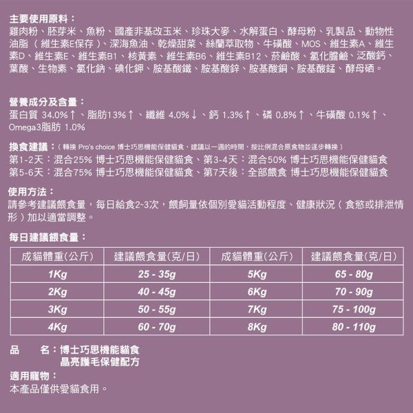 博士巧思 Pro’s Choice 機能貓飼料 7.5KG 膳纖化毛/晶亮護毛配方 高纖助排毛 提亮毛色 全齡貓飼料 博士巧思機能貓, 博士巧思貓飼料7.5kg, 博士巧思膳纖化毛, 博士巧思晶亮護毛, 化毛貓飼料推薦, 亮毛貓飼料, 成貓飼料7.5kg, 博士巧思機能配方, 大包裝貓飼料, 排毛貓飼料