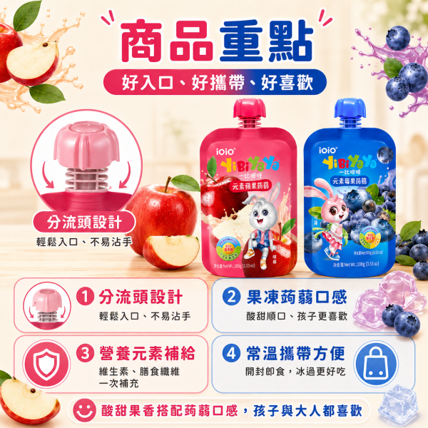【iOiO 一比呀呀 YiBiYaYa】元素蒟蒻果凍 100g｜蘋果／莓果｜乳酸菌 膳食纖維 兒童點心 一比呀呀蒟蒻果凍100g、iOiO元素蒟蒻100g、兒童蒟蒻果凍推薦、兒童果凍零食推薦、蘋果蒟蒻果凍、莓果蒟蒻果凍