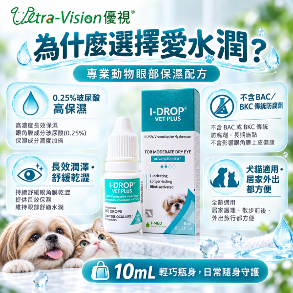 【優視 】愛水潤 10mL 原廠出貨 品質有保障 動物專用人工淚液點眼液 貓 狗 均可使用 I-DROP愛水潤,人工淚液,寵物眼藥水,犬貓點眼液,乾眼症,狗貓眼睛保健,潤眼液,動物專用淚液,透明質酸,加拿大進口,眼部保濕,護眼滴液